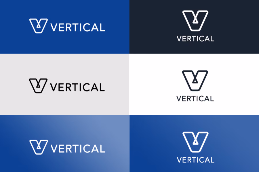 Six variations of a vertical logo with a stylized 'V' and the word 'VERTICAL' on different backgrounds.