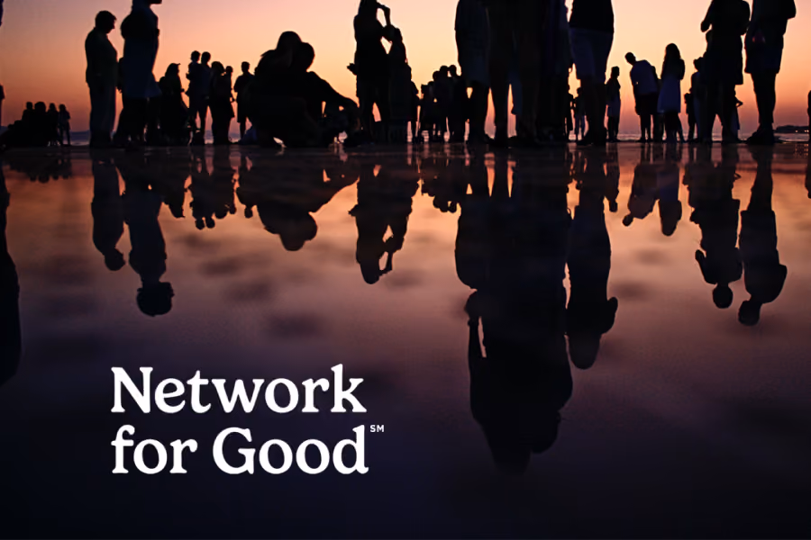 Silhouettes of people standing and sitting with reflections at sunset, text reads 'Network for Good'.