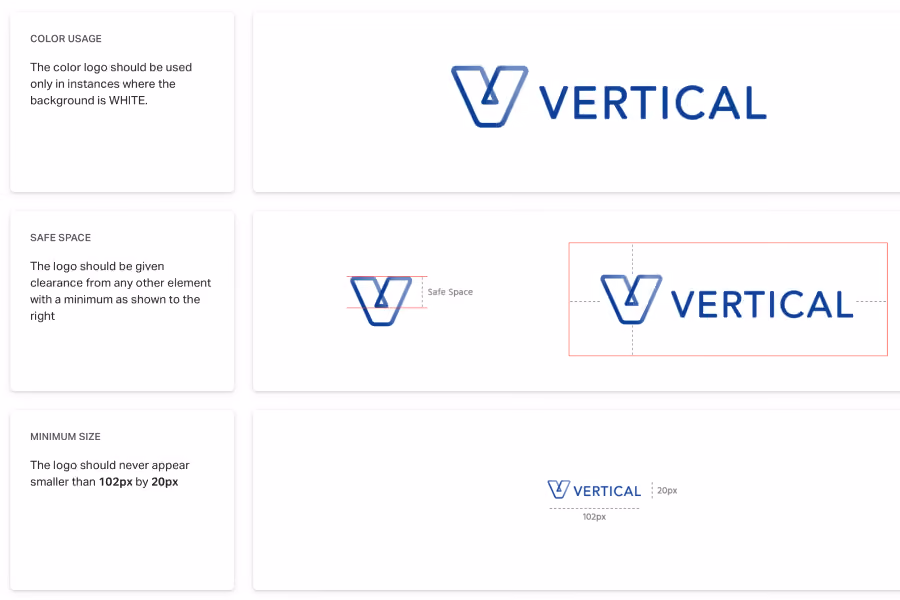 Brand guidelines for Vertical logo: color usage on white, safe space clearance, and minimum size of 102px by 20px.