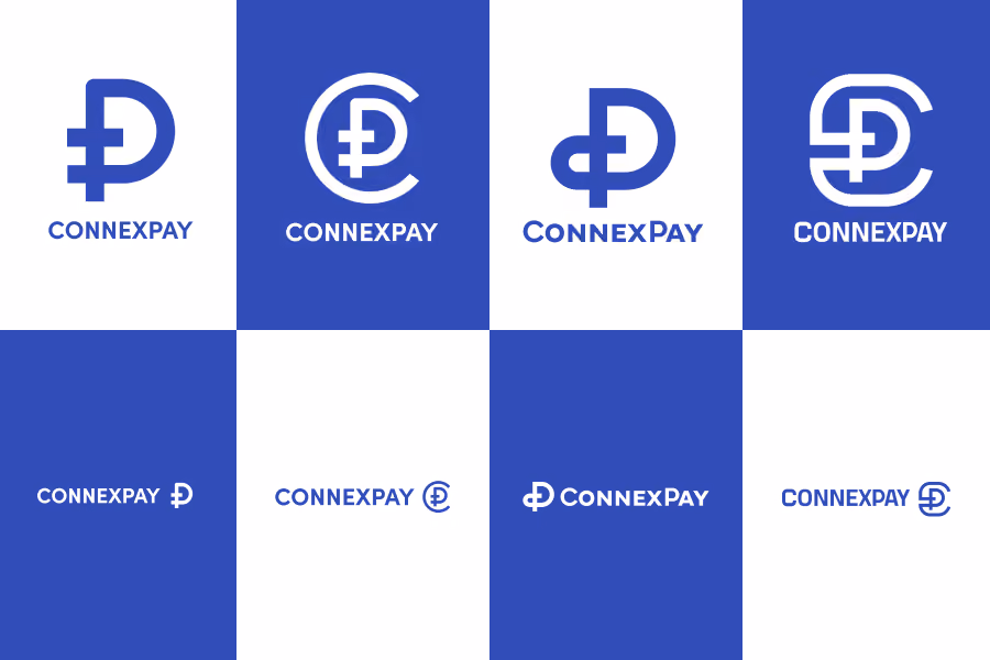 Grid of blue and white logos combining letters C and P with text CONNEXPAY in various styles.
