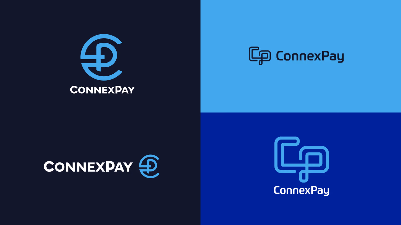 Four variations of ConnexPay logo featuring stylized CP initials in blue tones on different backgrounds.