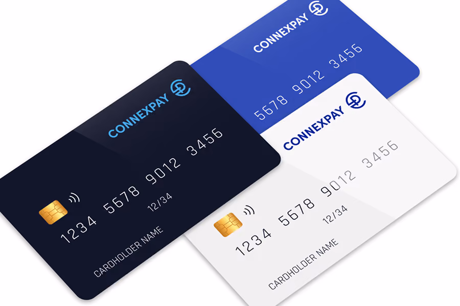 Three ConnexPay credit cards in black, white, and blue with chip and contactless symbols.