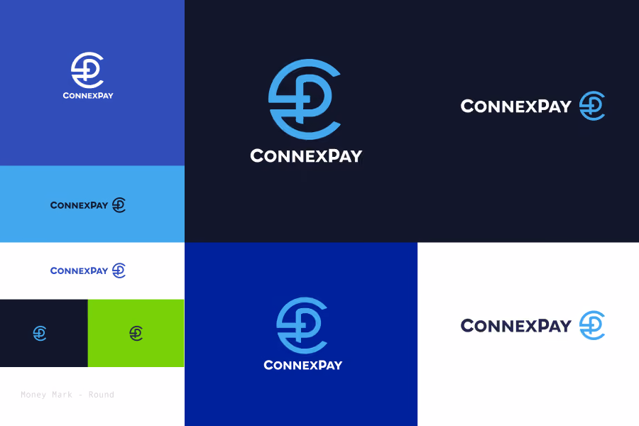 Various ConnexPay logos with a circular 'CP' design in different blue, black, and green backgrounds.