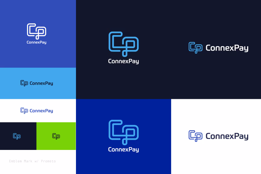 Grid showing variations of ConnexPay logo with stylized CP letters and text on different colored backgrounds.