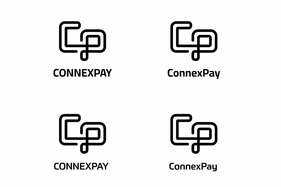 Four variations of the ConnexPay logo with linked C and P letters and different font capitalizations.
