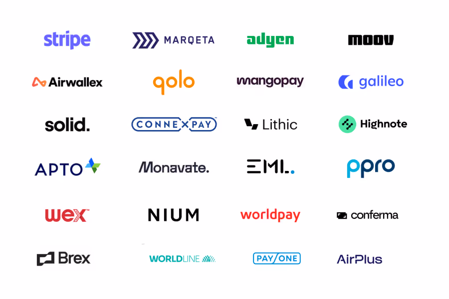 Grid of 20 payment and fintech company logos including Stripe, Marqeta, Adyen, and Worldpay.