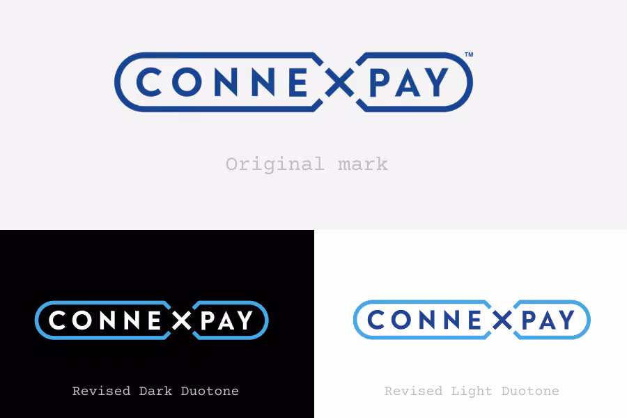 Three variations of the Connex Pay logo with different blue tones and backgrounds.