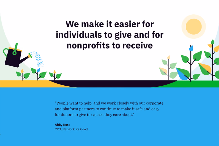 Graphic with plants, watering can, and sun with text about easing giving for individuals and nonprofits.