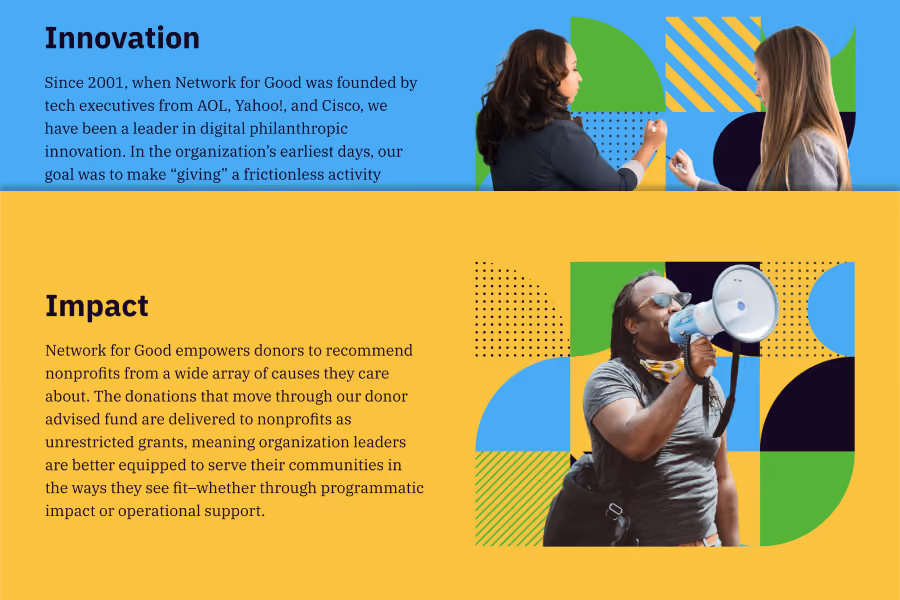 Two women writing on glass above 'Innovation' text; man with megaphone below 'Impact' text on yellow background.