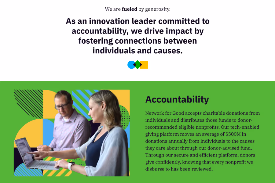 Two people reviewing a laptop with text about Network for Good's accountability and charitable donations.