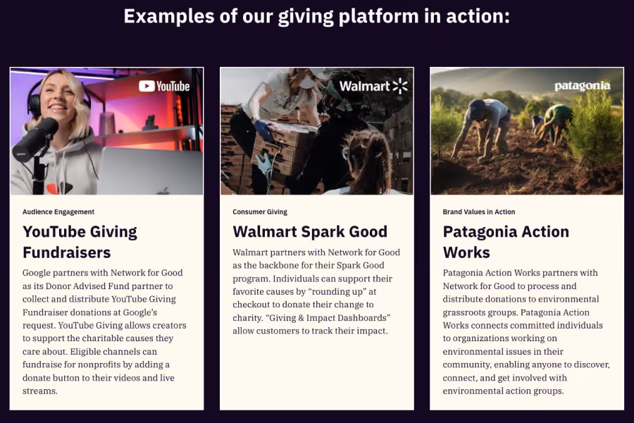 Three content pillars of giving platform examples from Network for Good