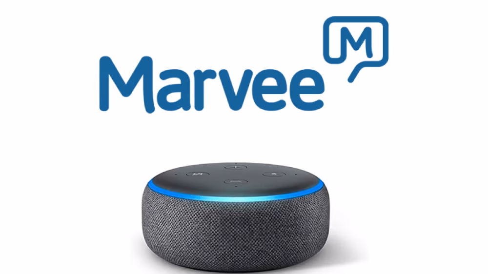 Marvee logo above a smart speaker device with a blue ring light on top.