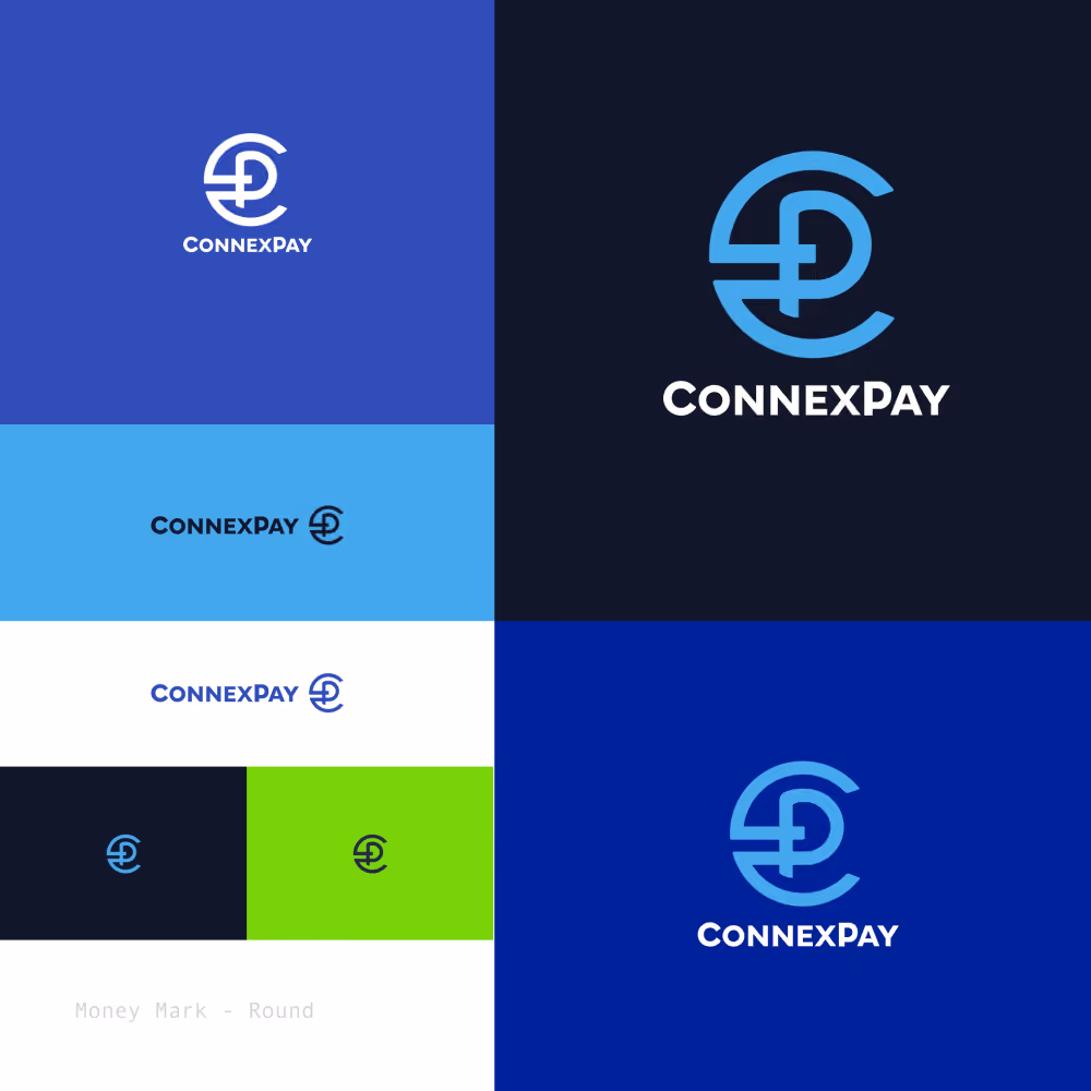 Various styles and colors of the ConnexPay logo featuring a blue circular money mark symbol and text.