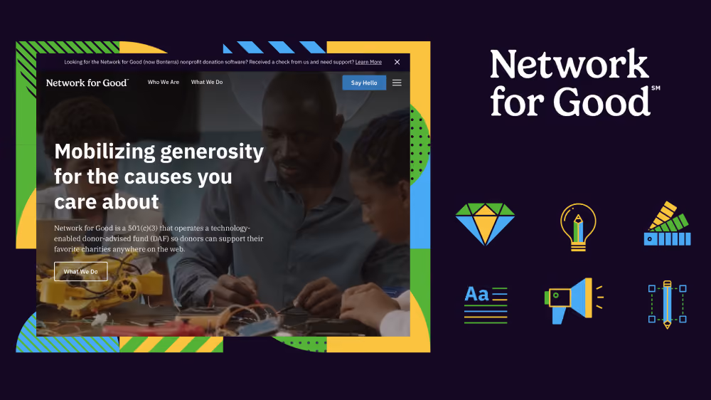 Network for Good homepage screenshot with tagline and colorful design icons on dark background.