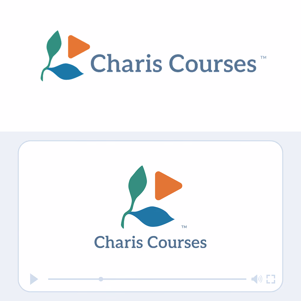 Charis Courses logo with two leaves and an orange play button icon next to the text.
