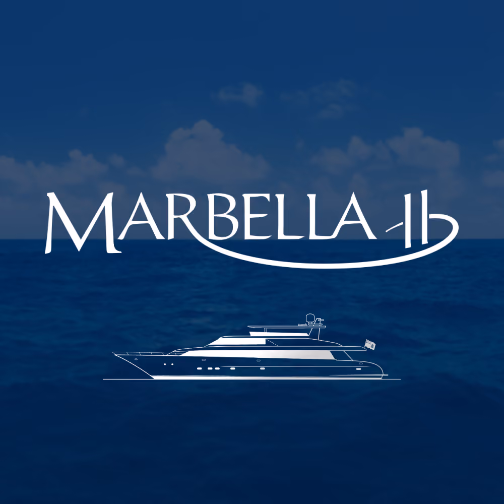 White outline of a luxury yacht below the word Marbella on a deep blue ocean background.