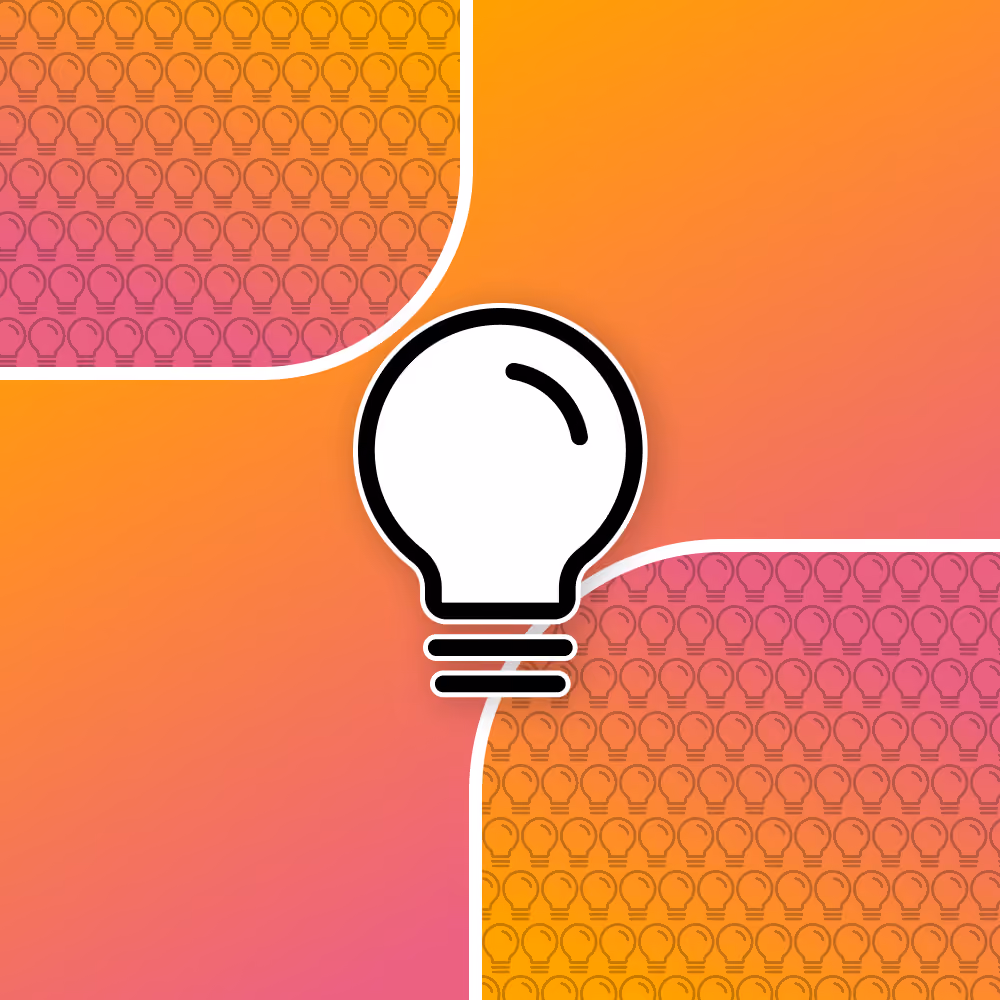 White light bulb icon centered on a pink-to-orange gradient background with smaller light bulbs pattern.