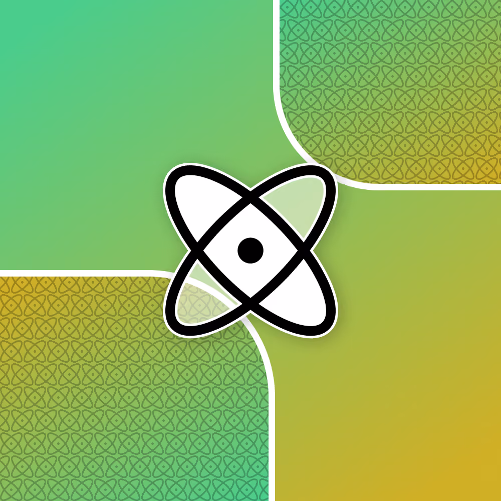 Black and white atom icon centered on a green and yellow gradient background with patterned corners.