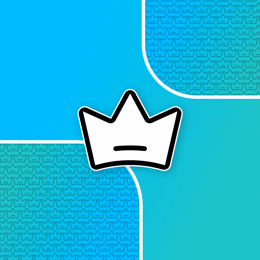 White crown icon with black outline on a blue-green background with repeating crown pattern.