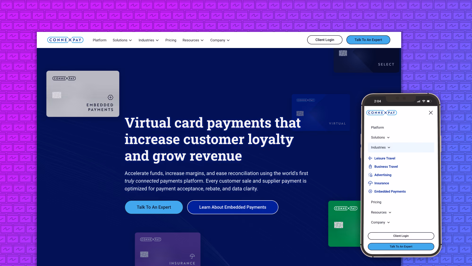 Website showcasing ConnexPay virtual card payments platform with mobile menu and call-to-action buttons.