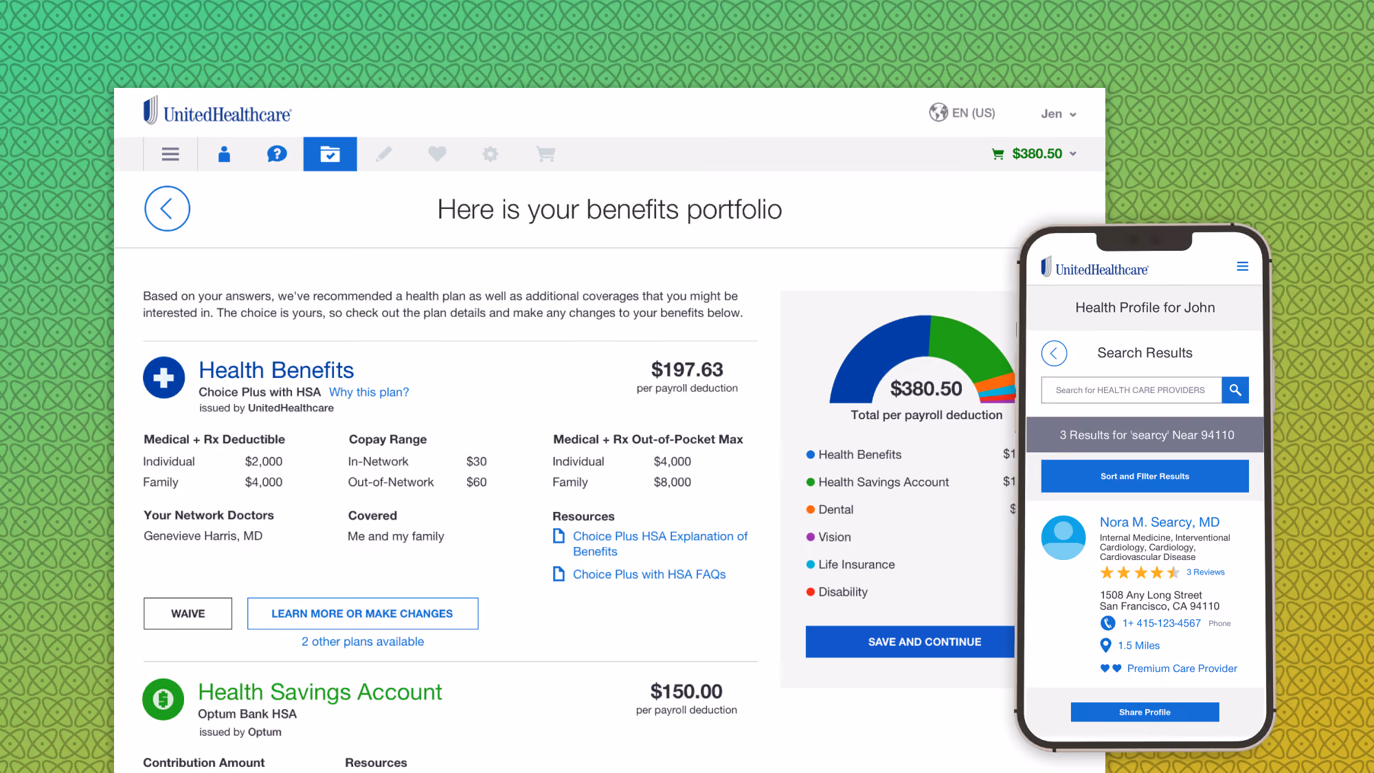 UnitedHealthcare benefits portfolio webpage showing health plan details and a mobile health profile for John.