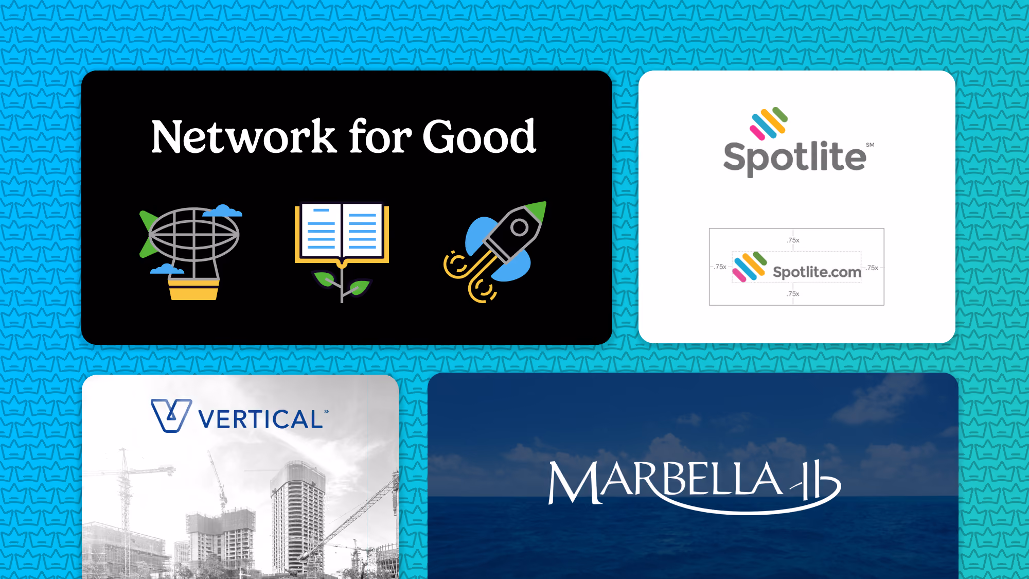 Collage of four brand logos: Network for Good, Spotlite, Vertical, Marbella II.
