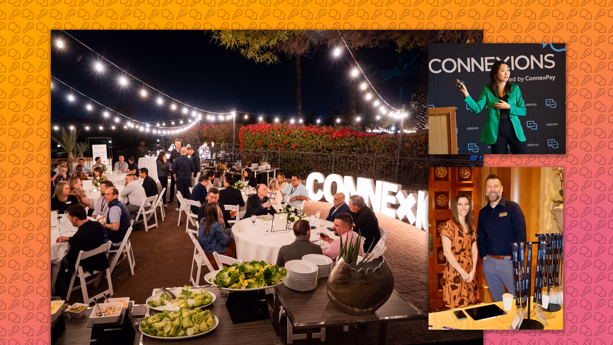 Evening outdoor event with guests dining, a speaker presenting, and hosts at a registration table.