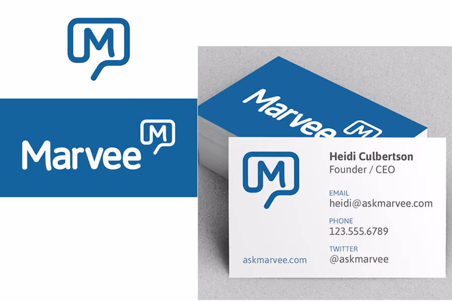 Marvee logo with stylized M in a speech bubble and business card of Heidi Culbertson, Founder/CEO with contact info.