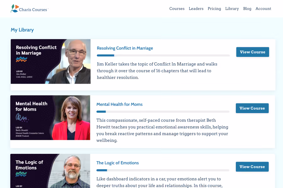Online course library with three courses on conflict, mental health, and emotions, each with instructor photo.