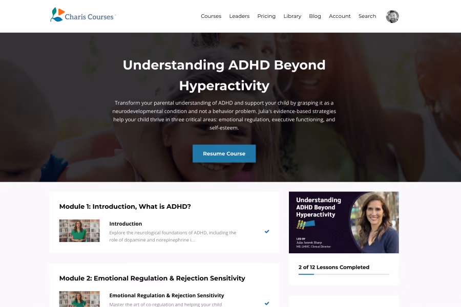 Online course page titled Understanding ADHD Beyond Hyperactivity with modules on ADHD basics and emotional regulation.