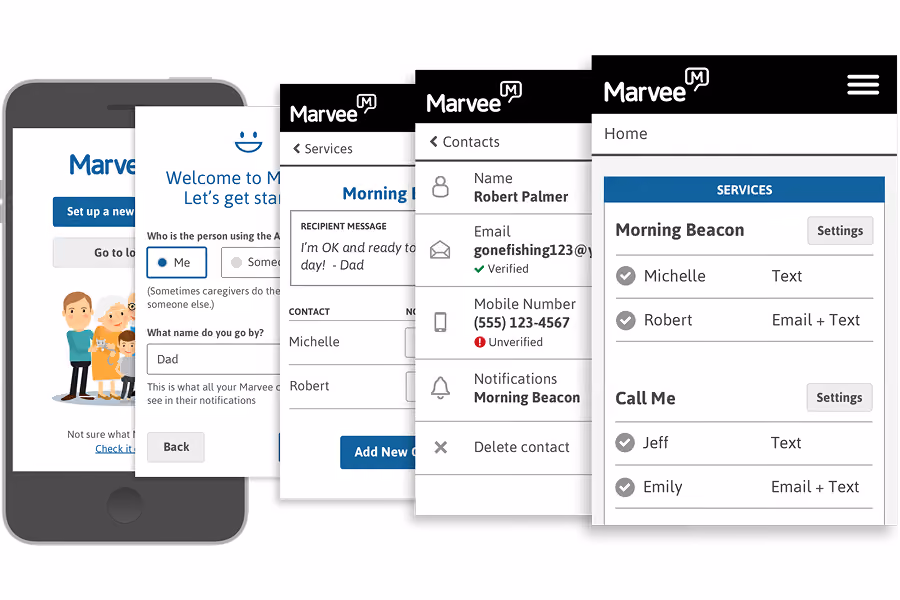 Screens of Marvee app showing user setup, contact details, and service notification settings for caregivers.