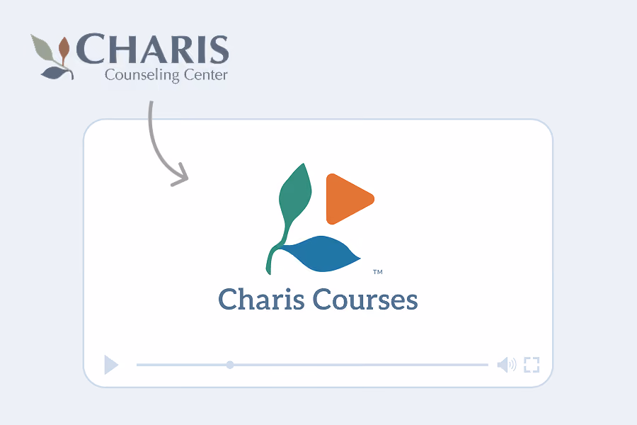 Charis Counseling Center logo above a multimedia player labeled Charis Courses with play button and progress bar.