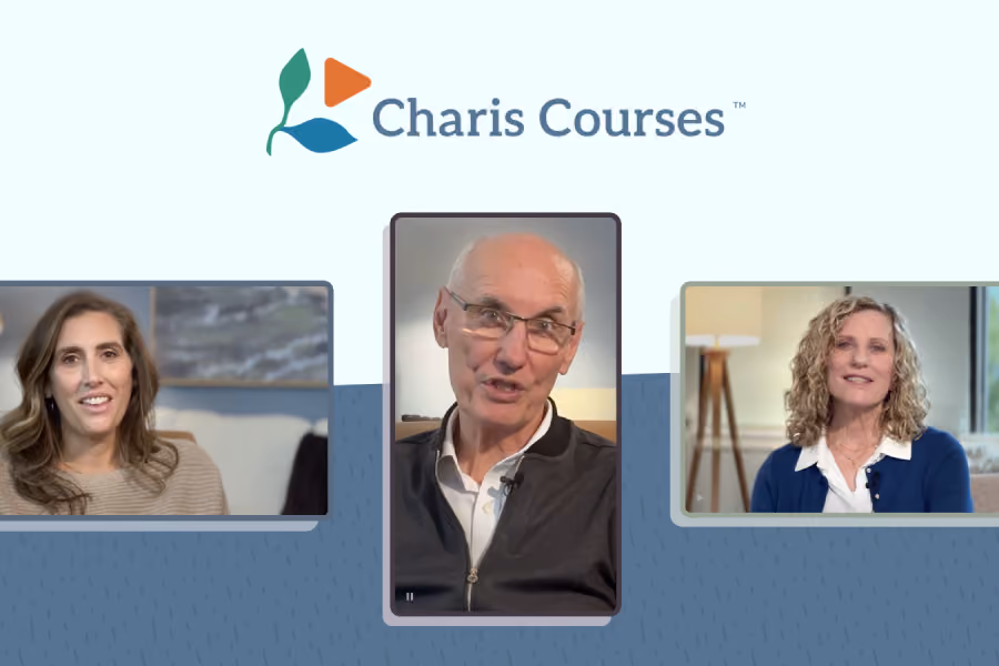 Three course leaders in video frames beneath the Charis Courses logo with green leaves and an orange play button.