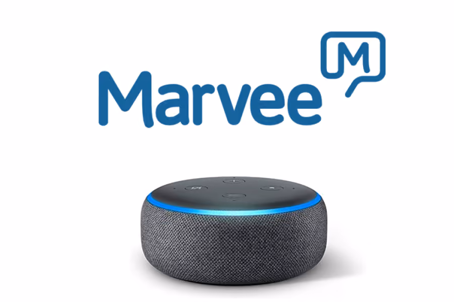 Marvee logo above a gray smart speaker with a blue light ring on top.