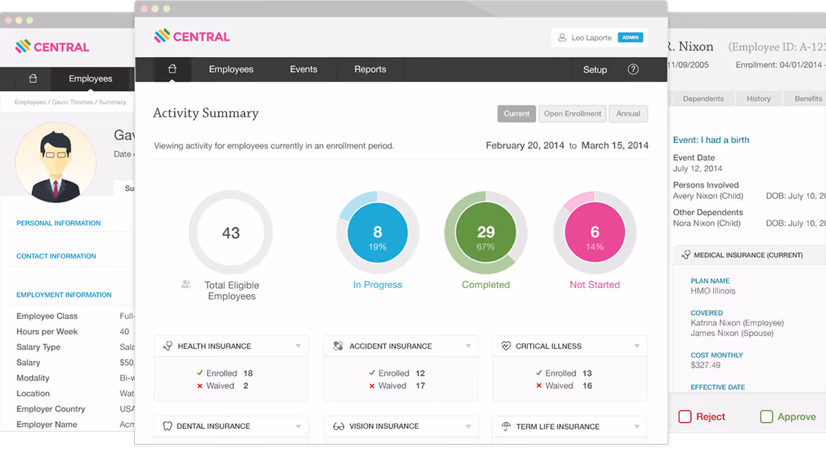 Dashboard showing employee enrollment summary: 43 total, 8 in progress, 29 completed, 6 not started with insurance details.