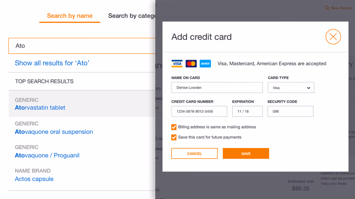 Search results for 'Ato' on left; credit card form on right with Visa, Mastercard, Amex logos and save option.