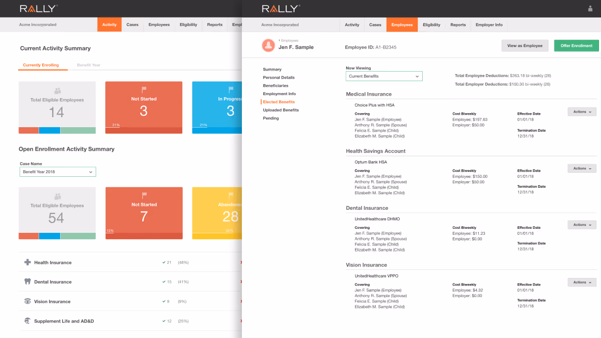 Dashboard showing employee enrollment activity on left and detailed employee benefits info on right.