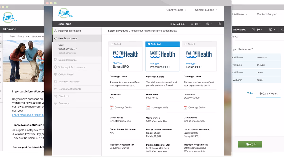 Health insurance options screen showing three Pacific Health plans: Select EPO, Premiere PPO, and Basic PPO with details.