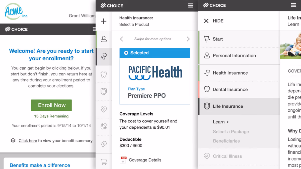 Screens of enrollment interface showing health insurance options, personal info, and life insurance menu.