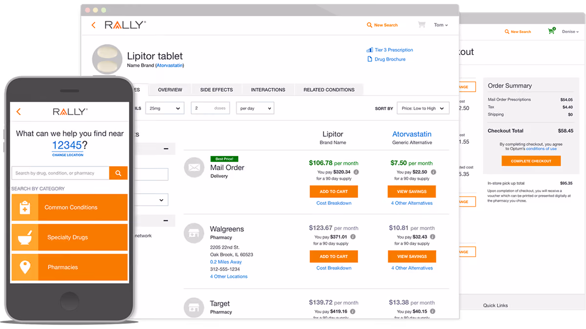 Rally app screens showing drug price comparison, location search, and checkout summary for Lipitor tablet.