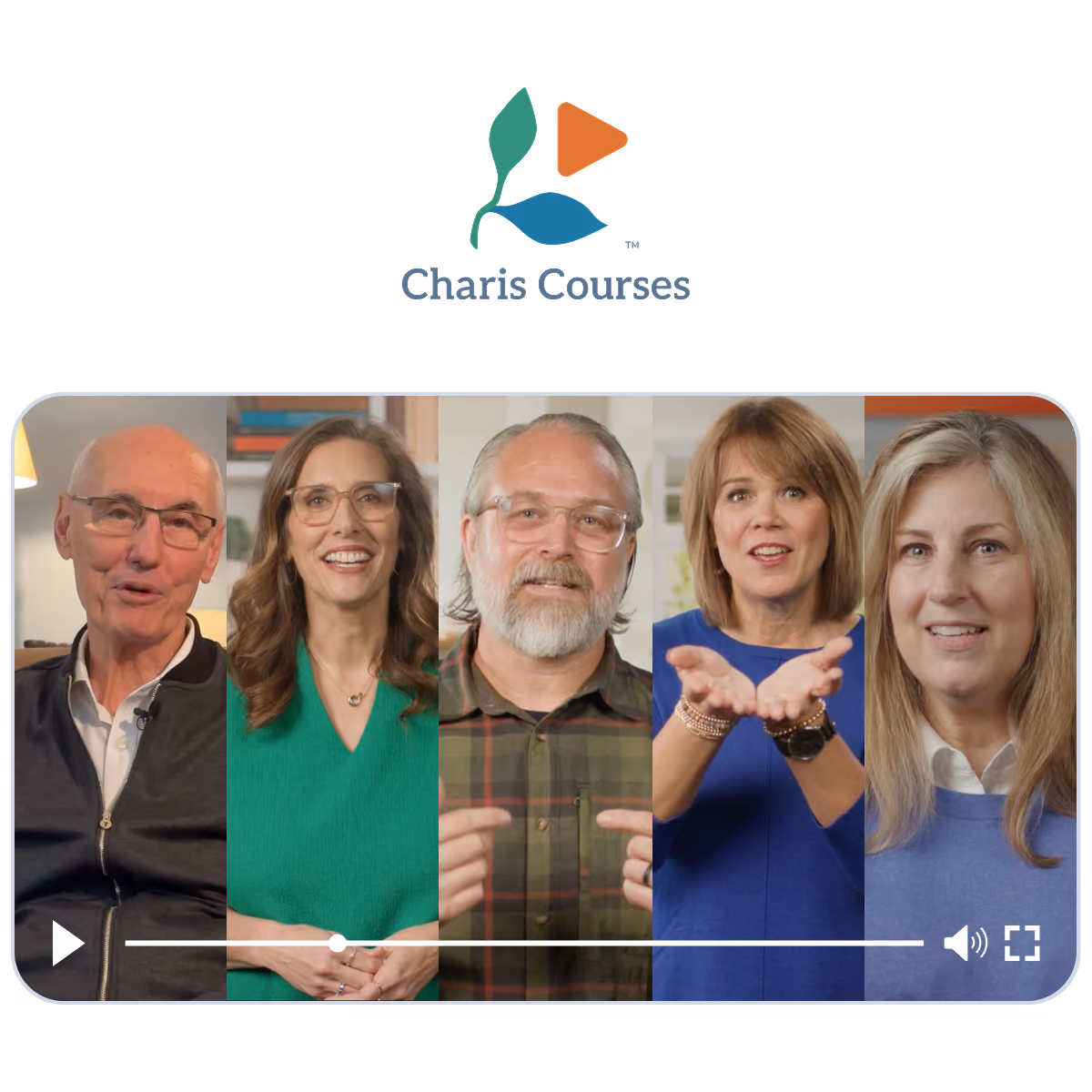Five course leaders smiling in a video frame with Charis Courses logo above them.