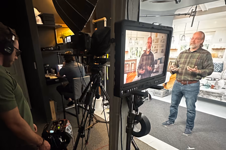 Man in plaid shirt standing in a studio speaking, seen on a monitor with camera crew filming.