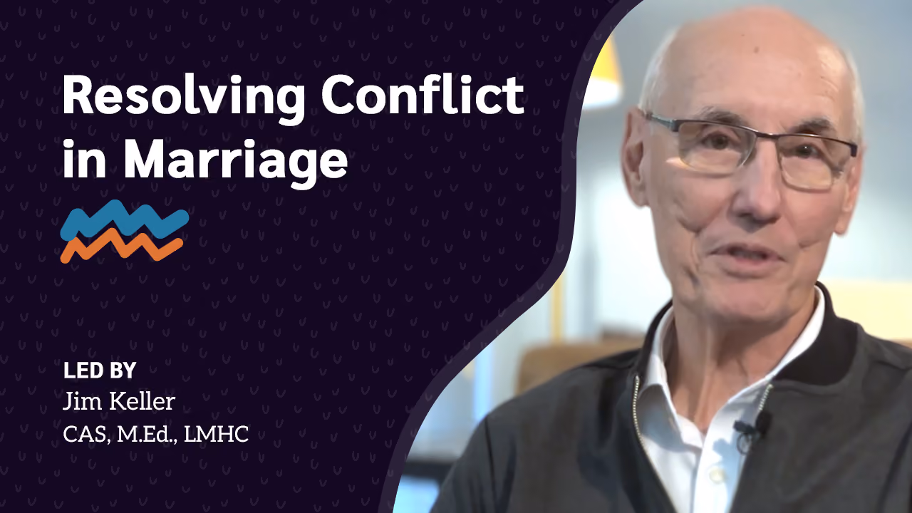 Therapist with glasses and black jacket speaking, with text about resolving conflict in marriage.