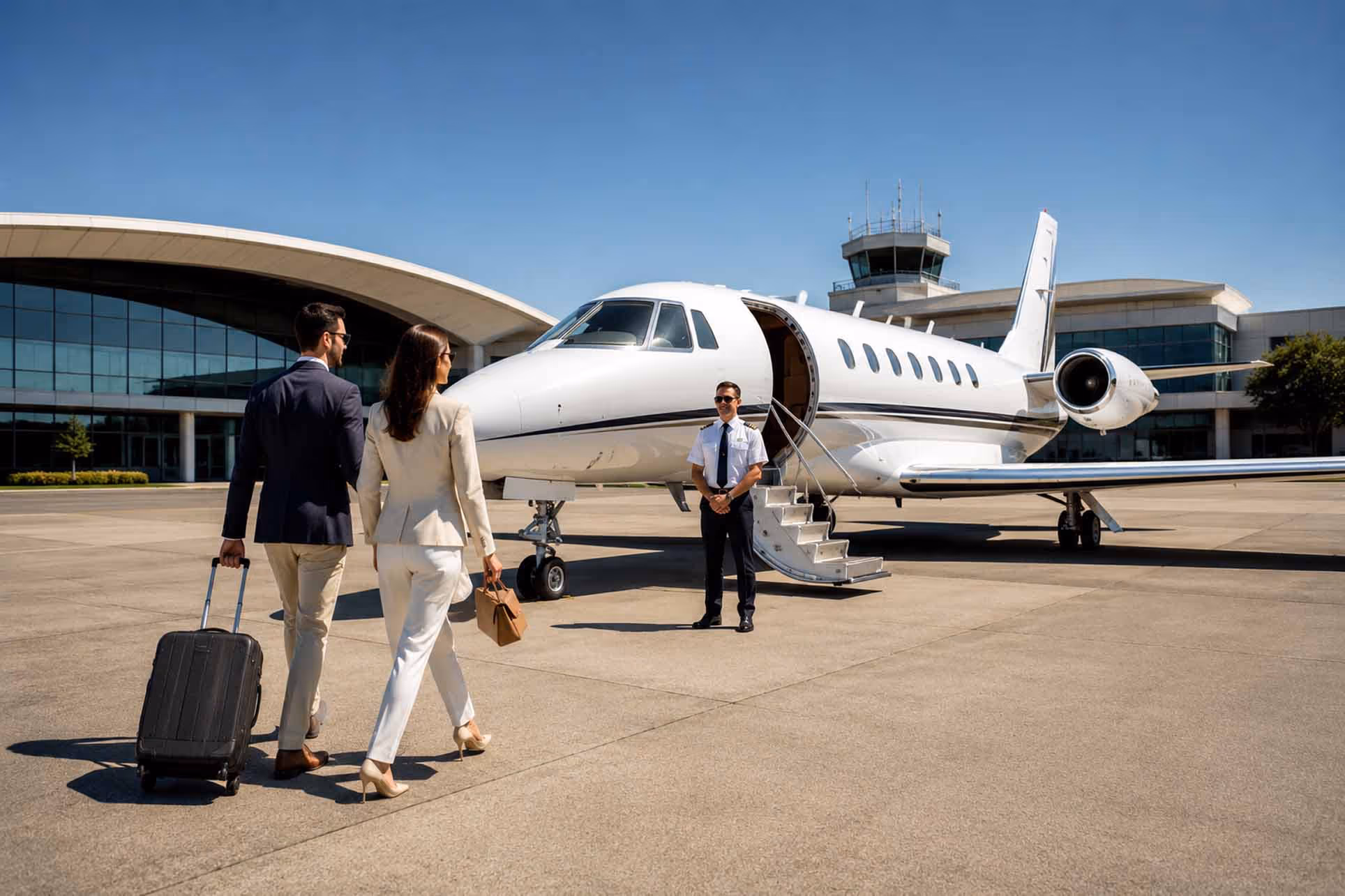 Couple walking toward a private jet with pilot standing at open door on tarmac.