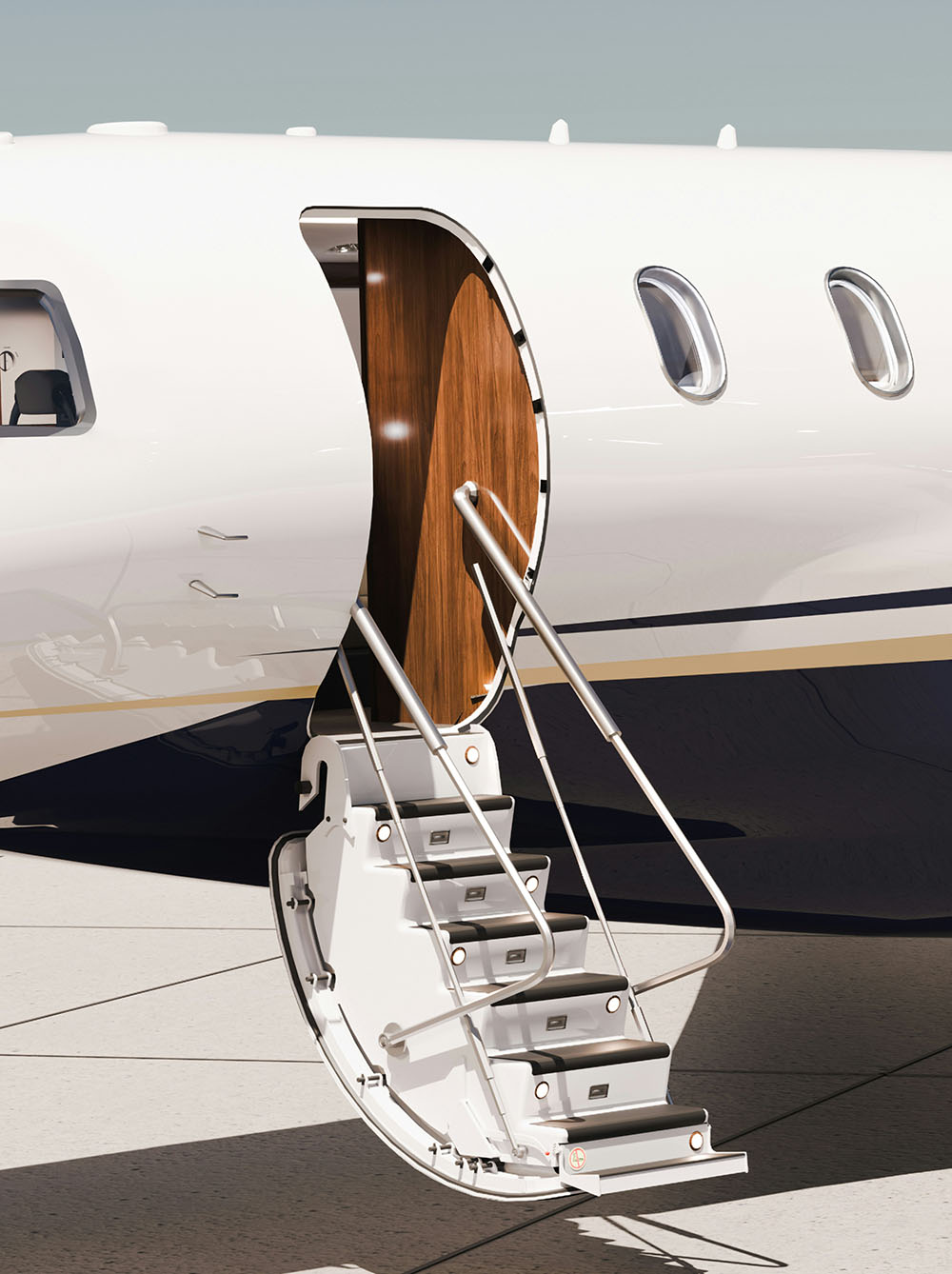 White private jet parked on runway ready for passengers to climb up the stairs.