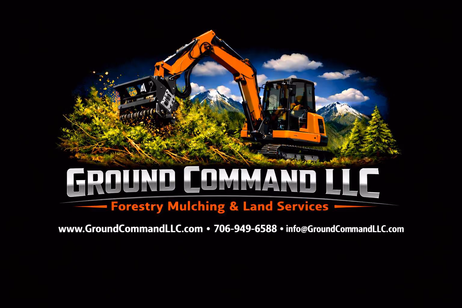 Orange excavator mulching green vegetation in front of mountains with Ground Command LLC forestry service text.