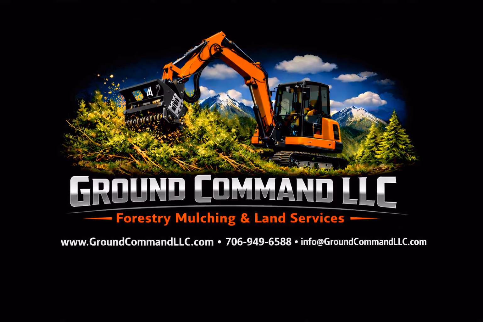 Orange excavator mulching green bushes with mountains and blue sky in the background.