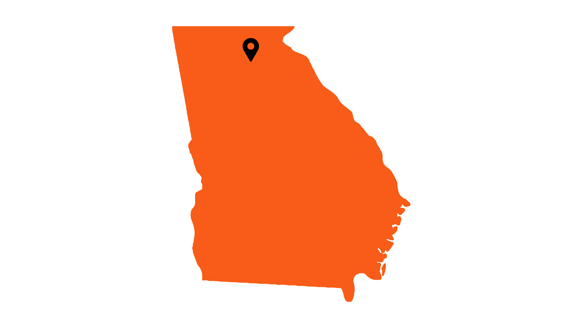Orange silhouette map of Georgia with black location pin in the northern region.
