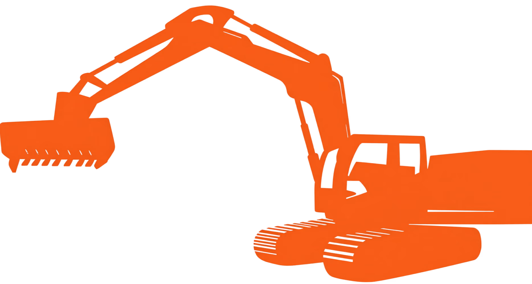 Orange silhouette of an excavator with a bucket arm and continuous tracks.