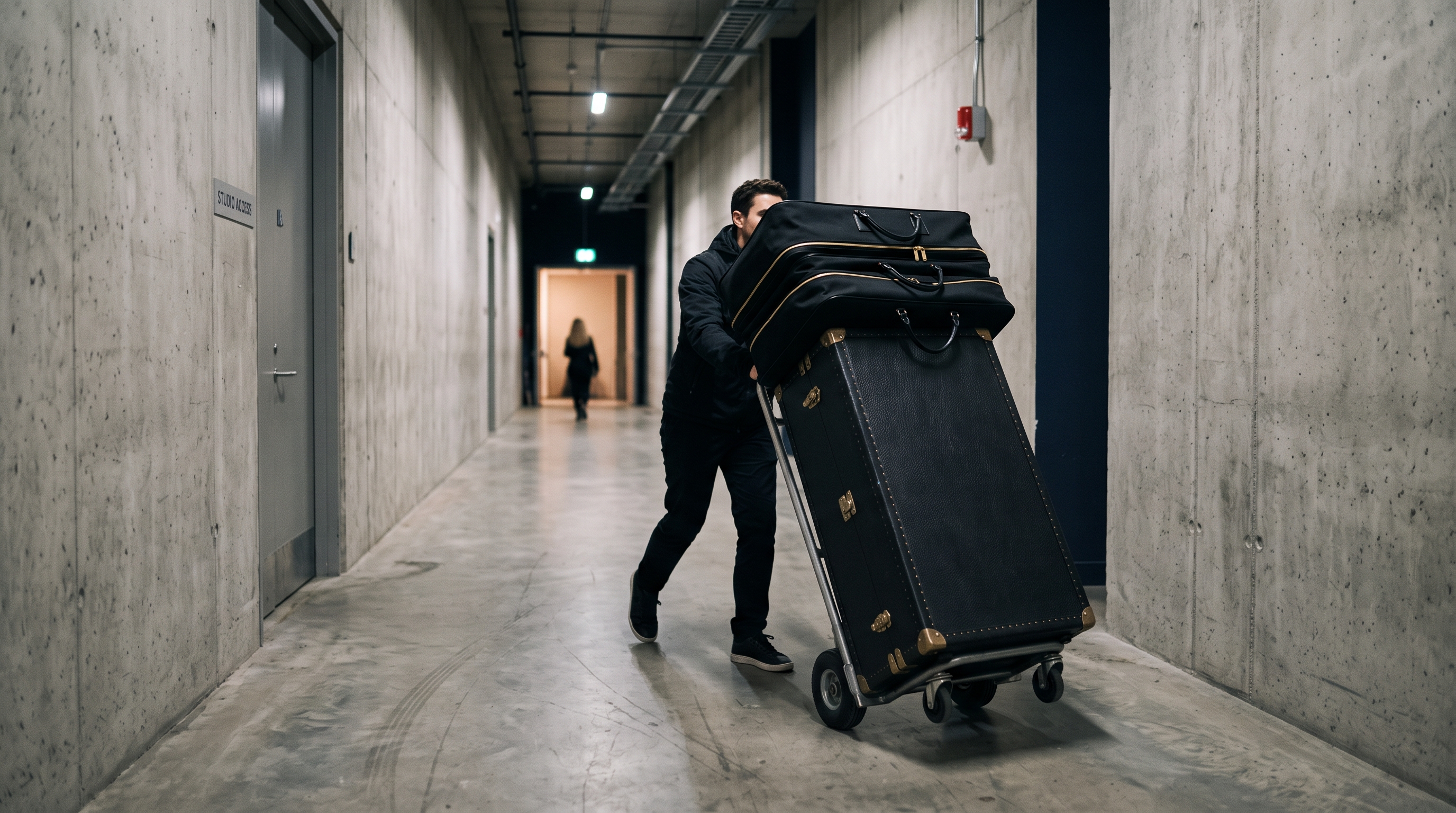 Luxury garment cases and a wardrobe trunk wheeled through a backstage corridor during Fashion Week